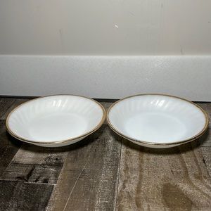 Vintage 60's Fire King Oven Ware Milk Glass Gold Trim Soup Cereal Bowls Set 2
